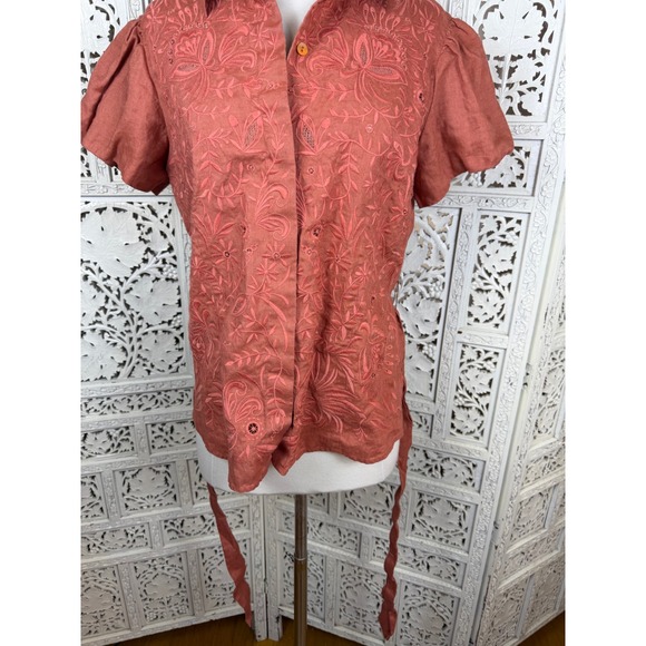 Lafayette 148 100% Linen Orange Floral Embroidered Blouse Medium Preppy Beachy - Picture 5 of 8